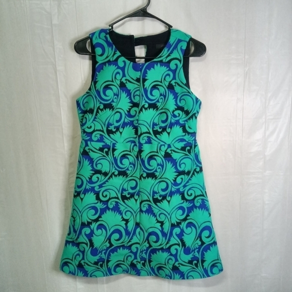 J Crew Jacquard Sleeveless Dress Navy Green Petite 8P - Picture 2 of 13